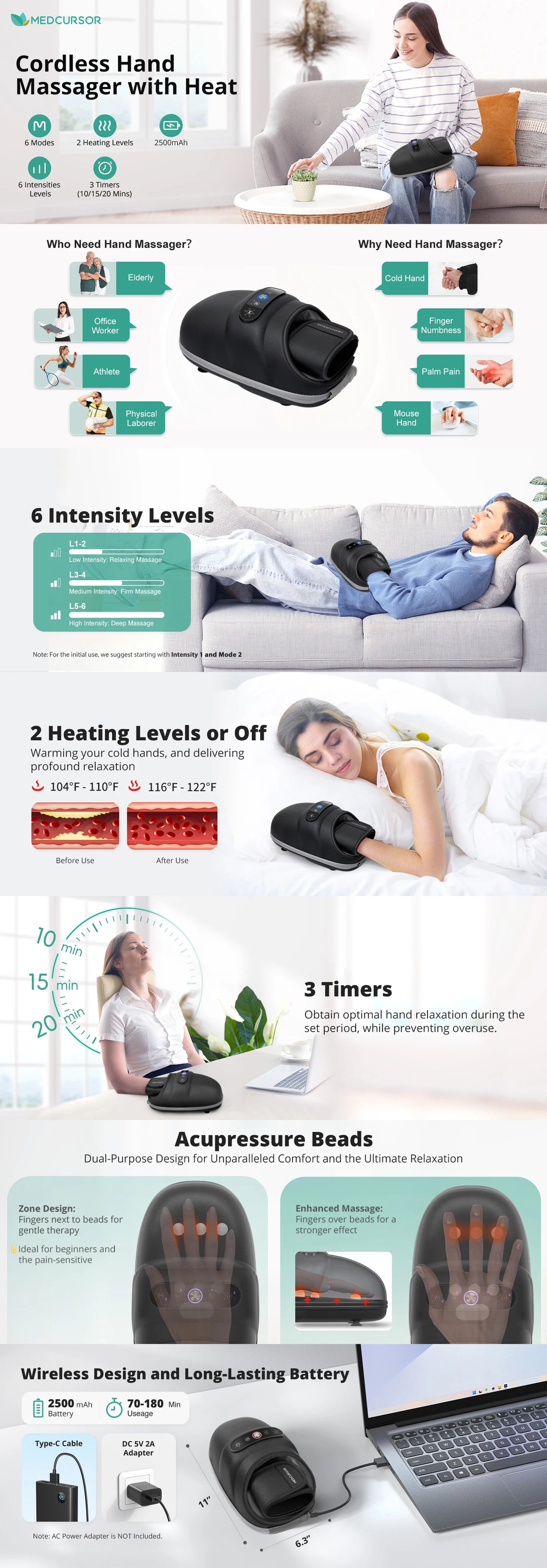 Medcursor Wireless Electric Hand Massager With Air Compression AcupointNumbnessRelief