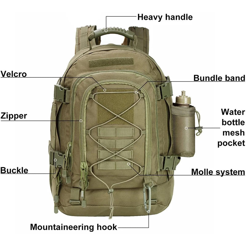LQARMY Outdoor Tactical Backpack Military Rucksack For Hiking Camping Durable Nylon