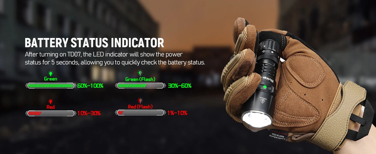 Wurkkos TD07 1300LM Tactical Flashlight Long Throw 479M IP68 Waterproof