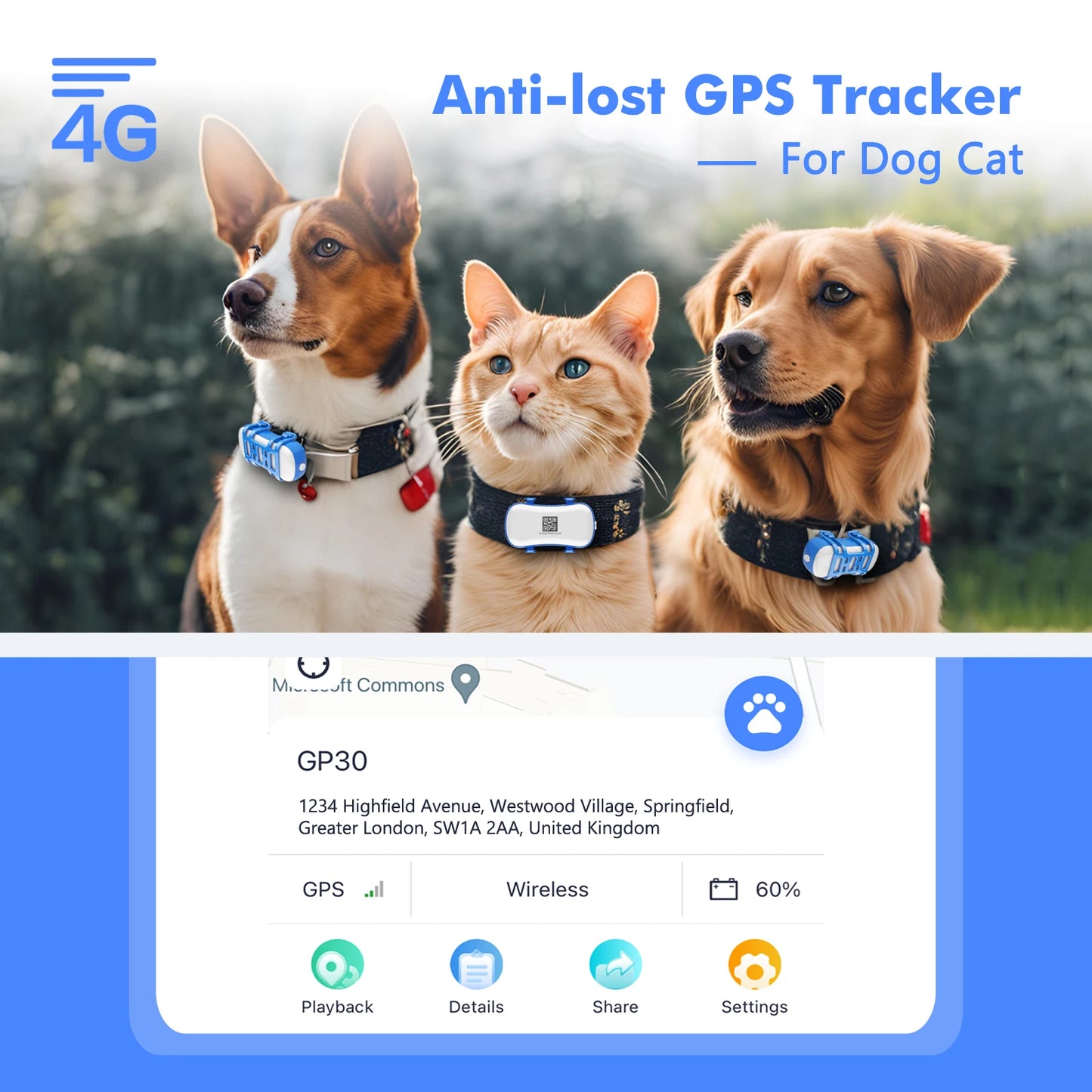 WANWAYTECH 4G Pet GPS Tracker Waterproof Live Tracking With App