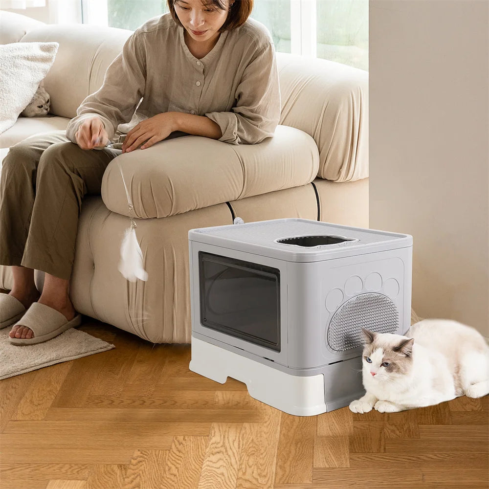 Feature Hooded Cat Litter Box Drawer Top Entry With Scoop