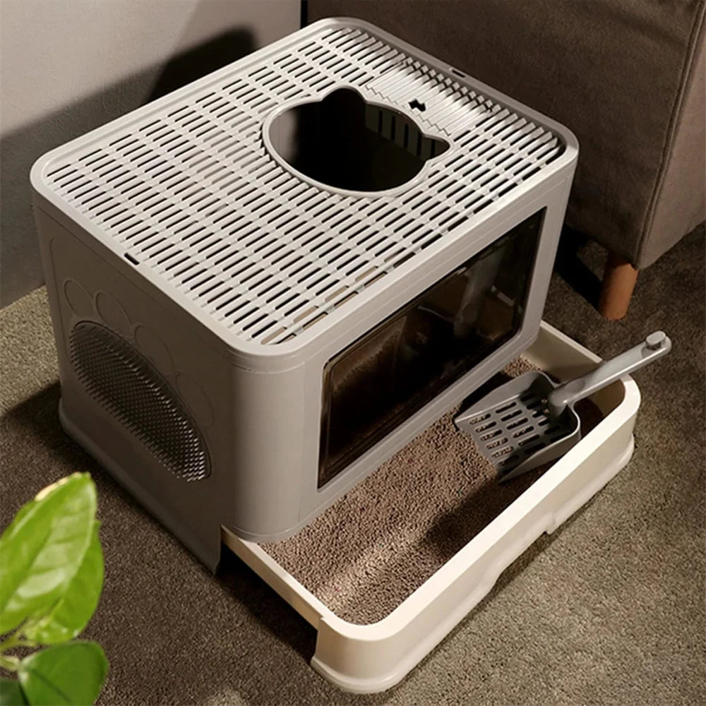 Feature Hooded Cat Litter Box Drawer Top Entry With Scoop