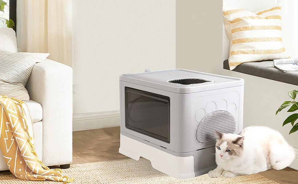 Feature Hooded Cat Litter Box Drawer Top Entry With Scoop