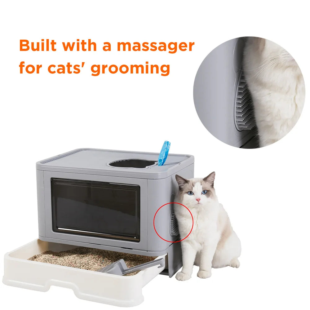 Feature Hooded Cat Litter Box Drawer Top Entry With Scoop