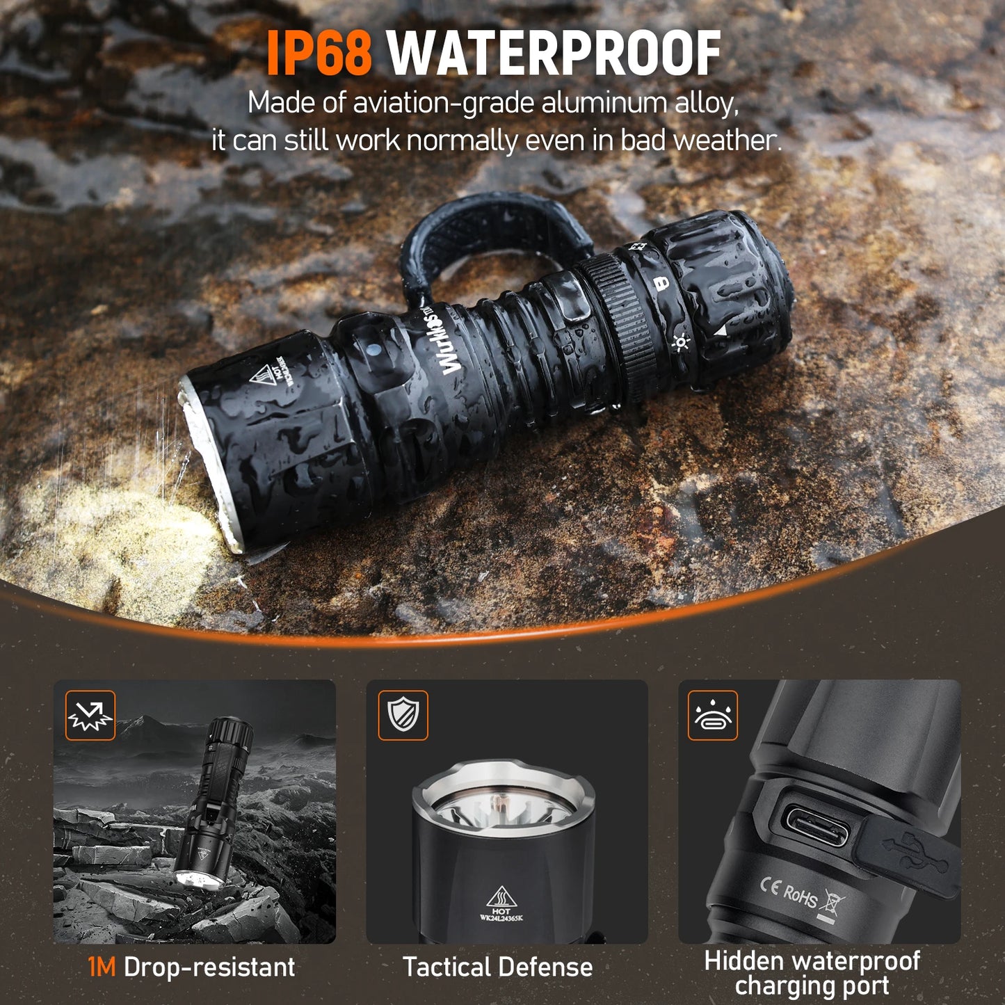 Wurkkos TD07 1300LM Tactical Flashlight Long Throw IP68