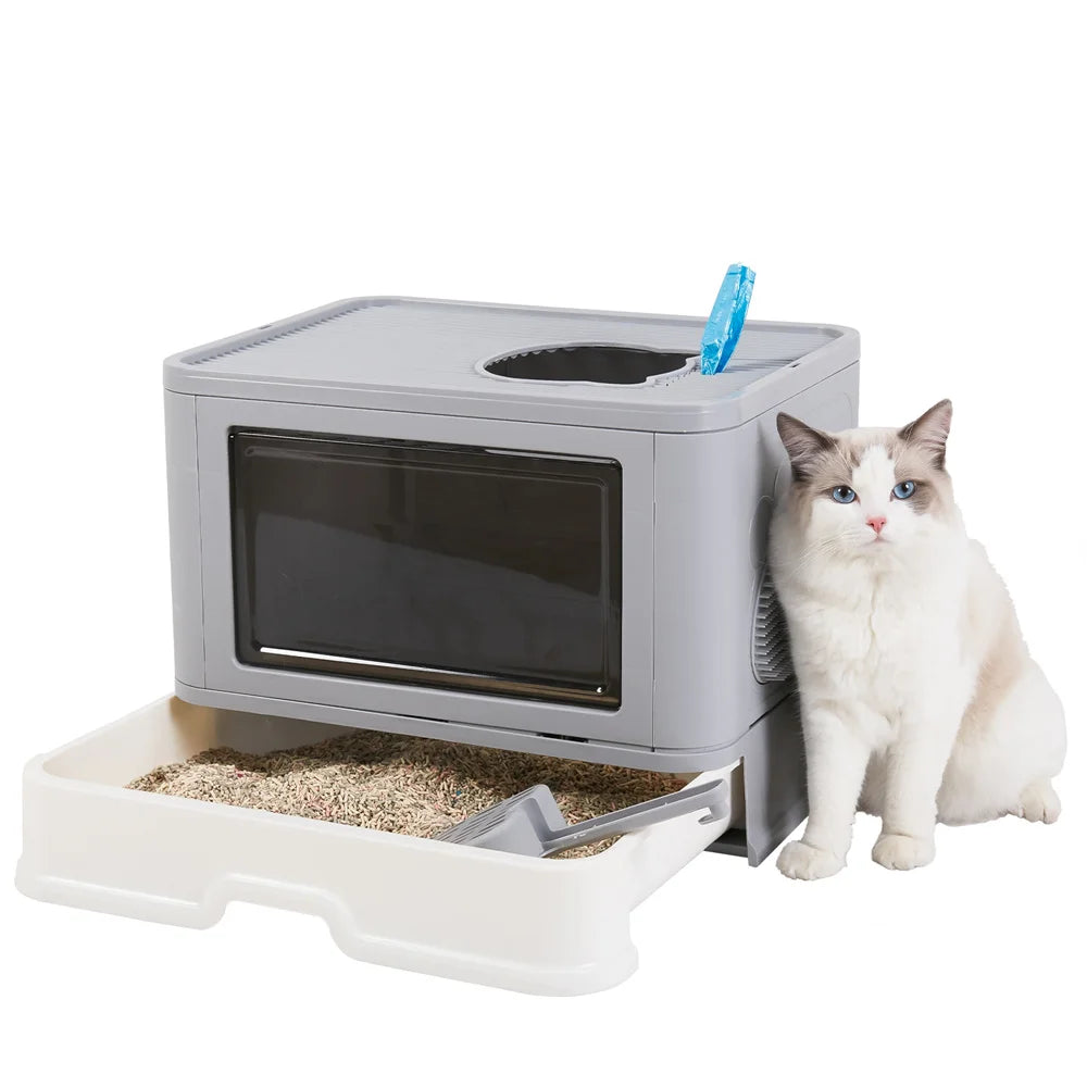 Feature Hooded Cat Litter Box Drawer Top Entry With Scoop