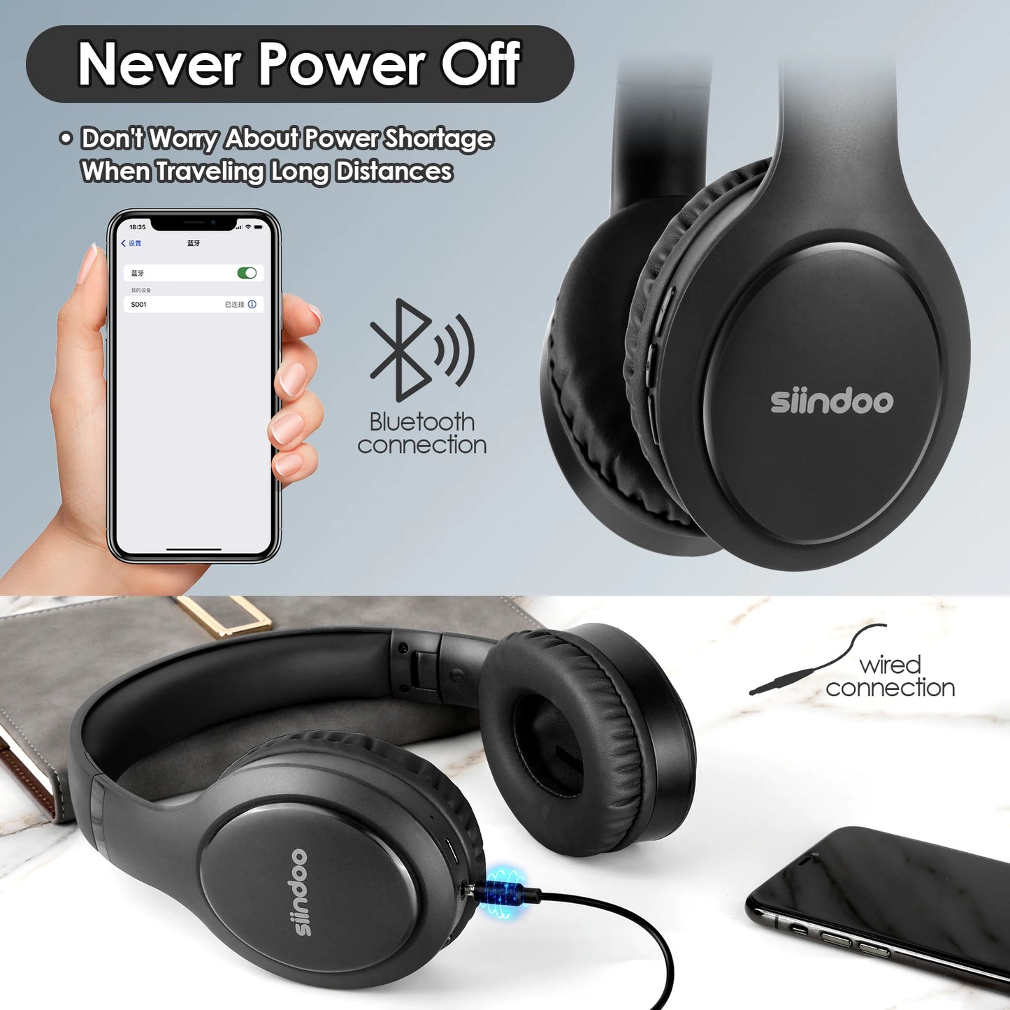 Siindoo Wireless Bluetooth Headphones JH-919 Foldable Stereo Earphones With Mic