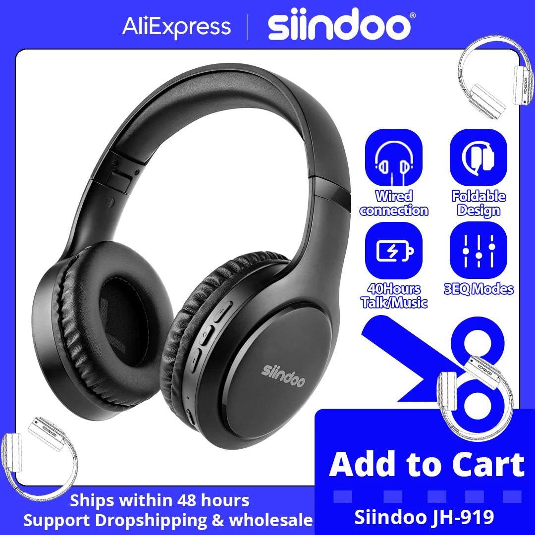 Siindoo Wireless Bluetooth Headphones JH-919 Foldable Stereo Earphones With Mic