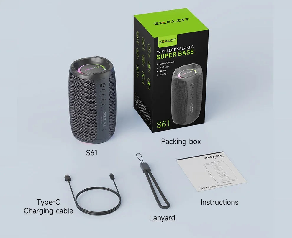 Zealot S61 Bluetooth Speaker IPX6 Waterproof Outdoor Bass