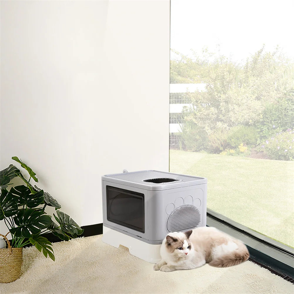 Feature Hooded Cat Litter Box Drawer Top Entry With Scoop