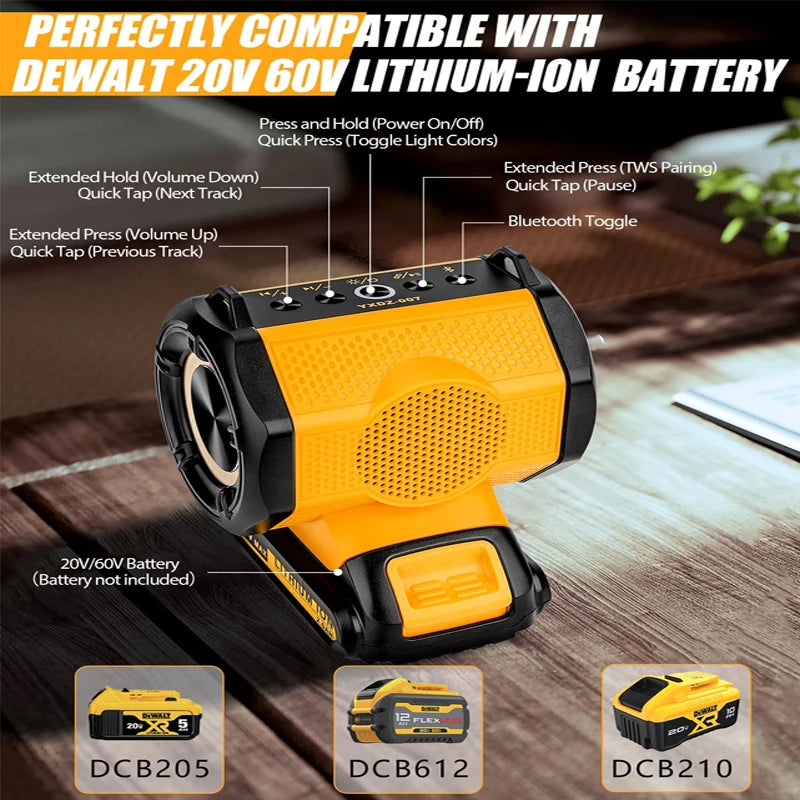 JYJZPBC 30W Cordless Bluetooth Speaker For Dewalt 18V 20V Batteries