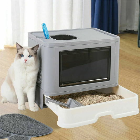 Feature Hooded Cat Litter Box Drawer Top Entry With Scoop