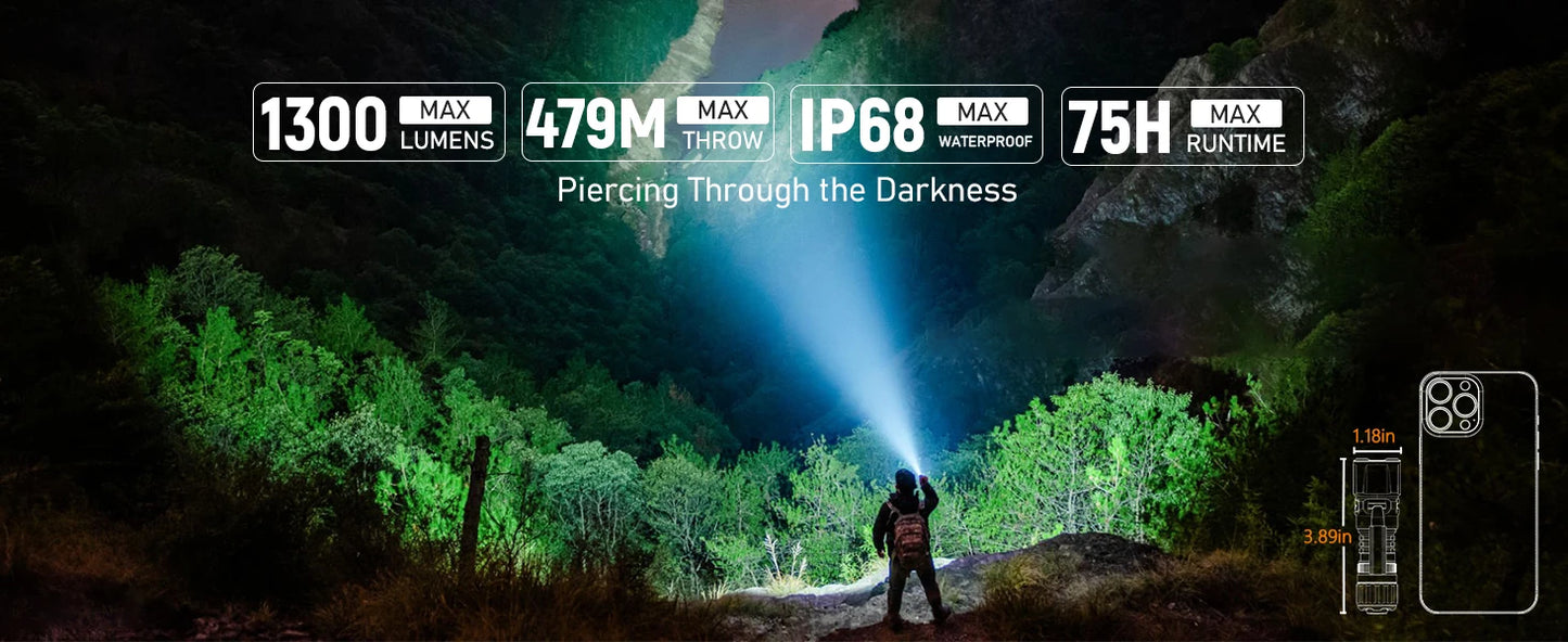 Wurkkos TD07 1300LM Tactical Flashlight Long Throw IP68