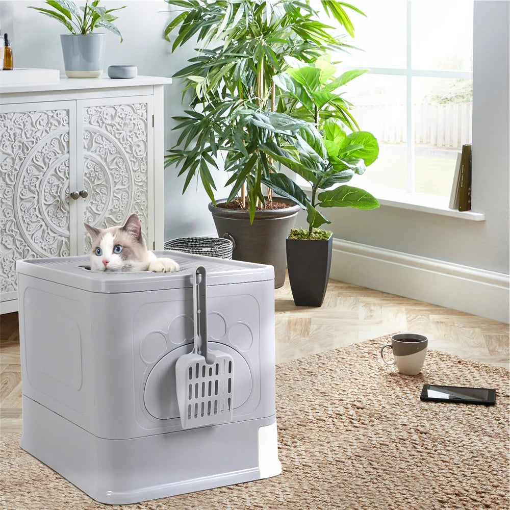 Feature Hooded Cat Litter Box Drawer Top Entry With Scoop