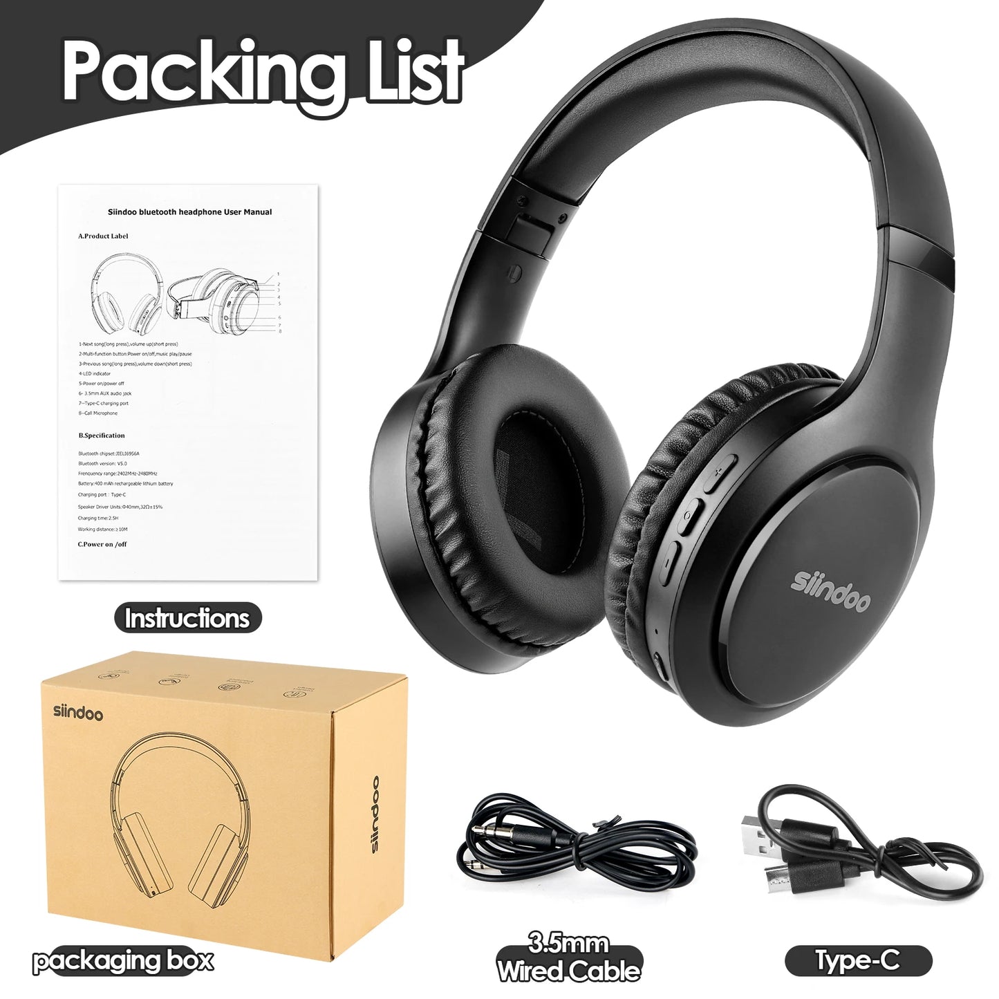 Siindoo Wireless Bluetooth Headphones JH-919 Foldable Stereo Earphones With Mic