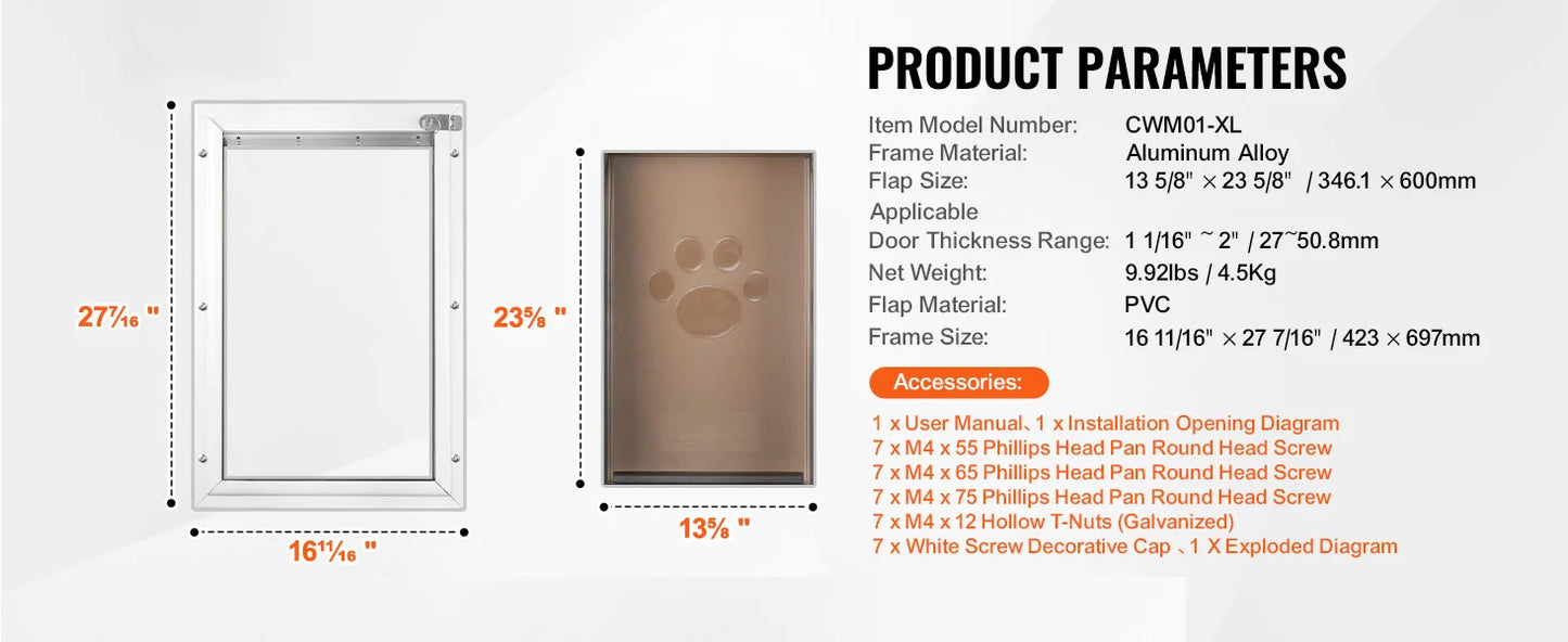 Dog Door Aluminum Frame Locking Flap Weatherproof Pet Door