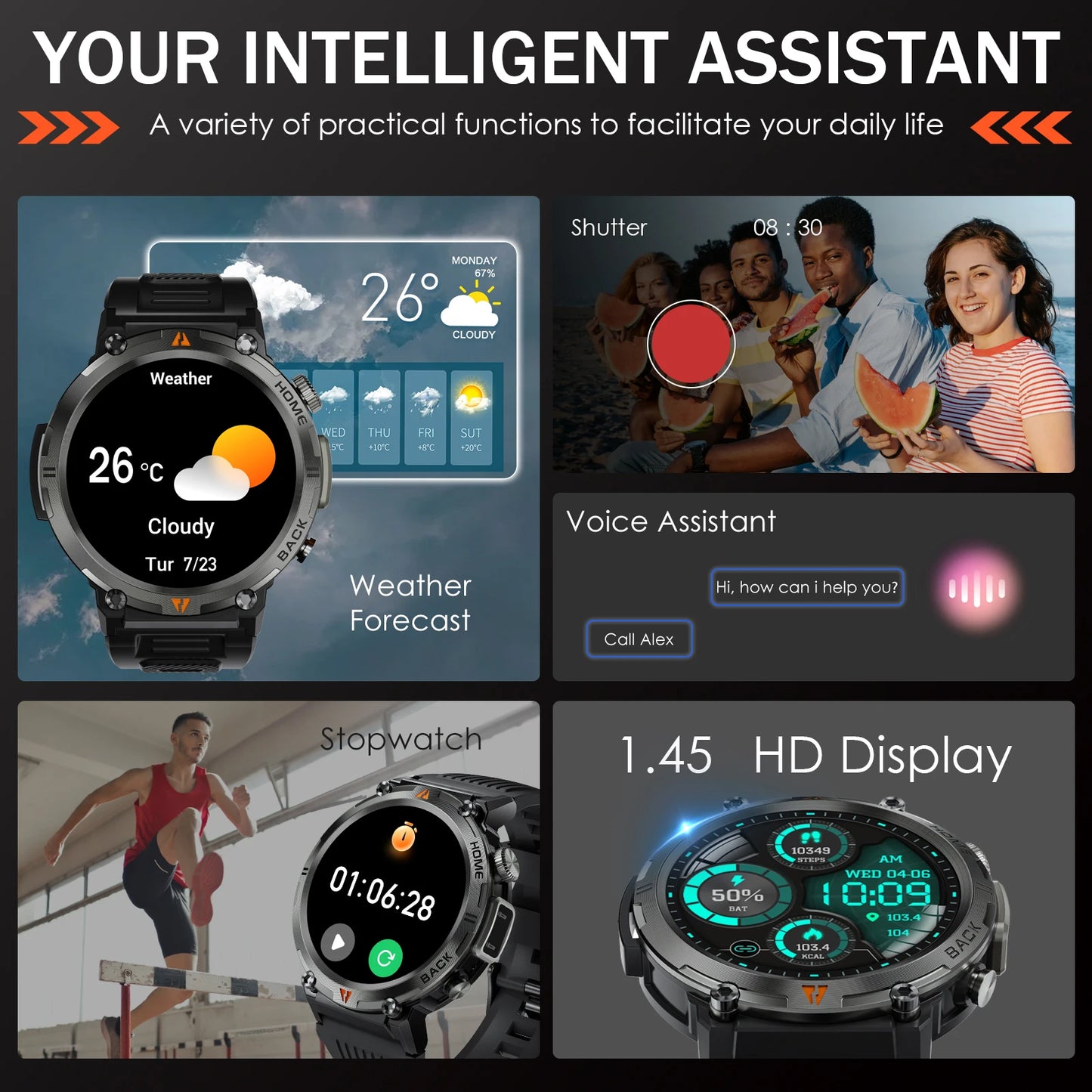 EIGIIS KE3 Smartwatch For Men Health Monitor Heart Rate Bluetooth