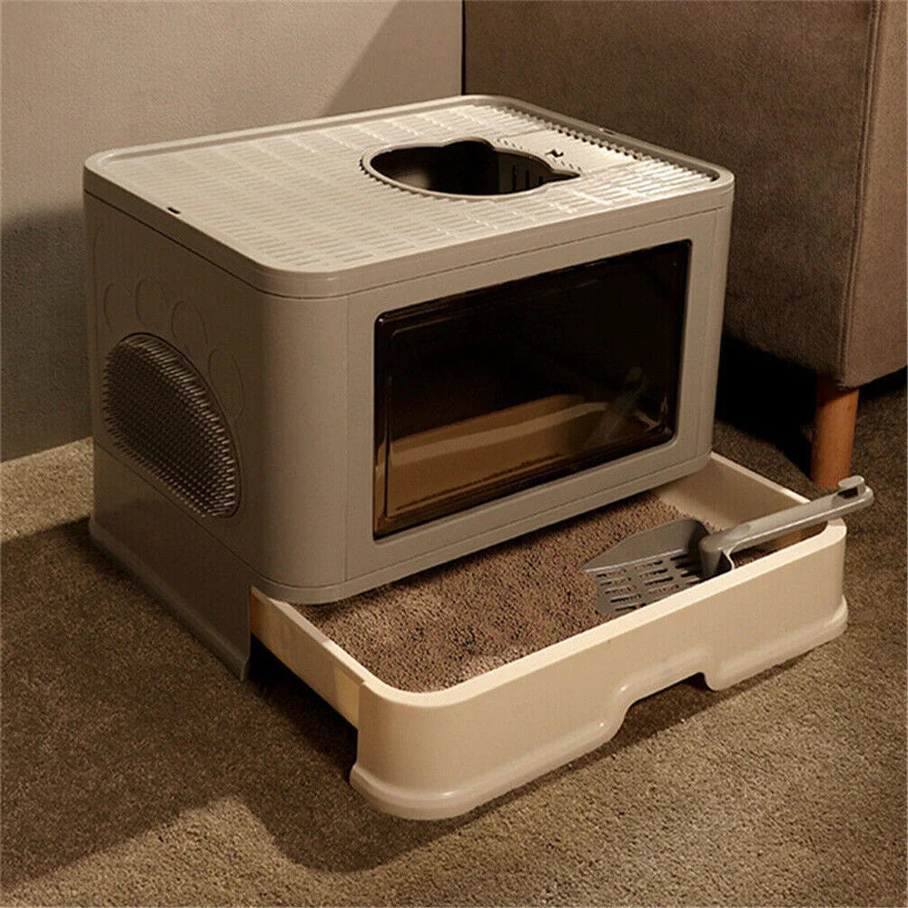 Feature Hooded Cat Litter Box Drawer Top Entry With Scoop