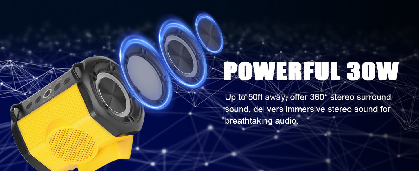 JYJZPBC 30W Cordless Bluetooth Speaker For Dewalt 18V 20V Batteries