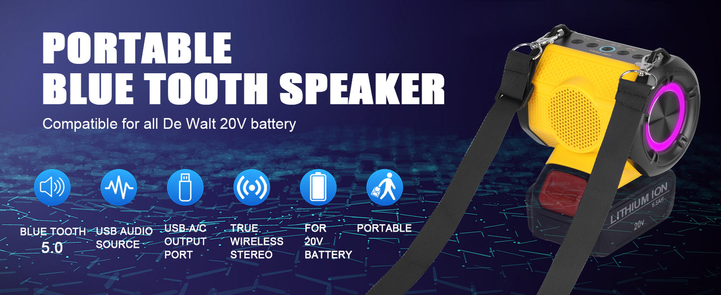 JYJZPBC 30W Cordless Bluetooth Speaker For Dewalt 18V 20V Batteries